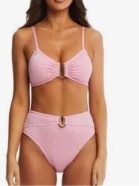 Time and Tru Pink Snakeskin print High Waist Bikini Set with Gold  U Ring Detail